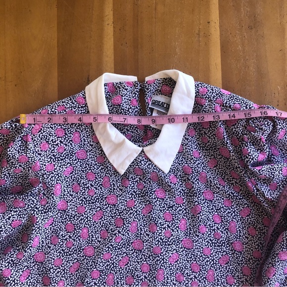 Vintage Pink Rose Patterned Silky Blouse Tunic White Peter Pan Collar Abstract - Picture 11 of 13